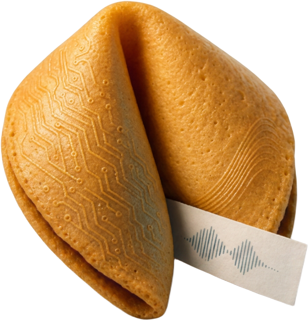 A folded fortune cookie with fine circuit-board and wave embossing, a paper strip emerging from the fold