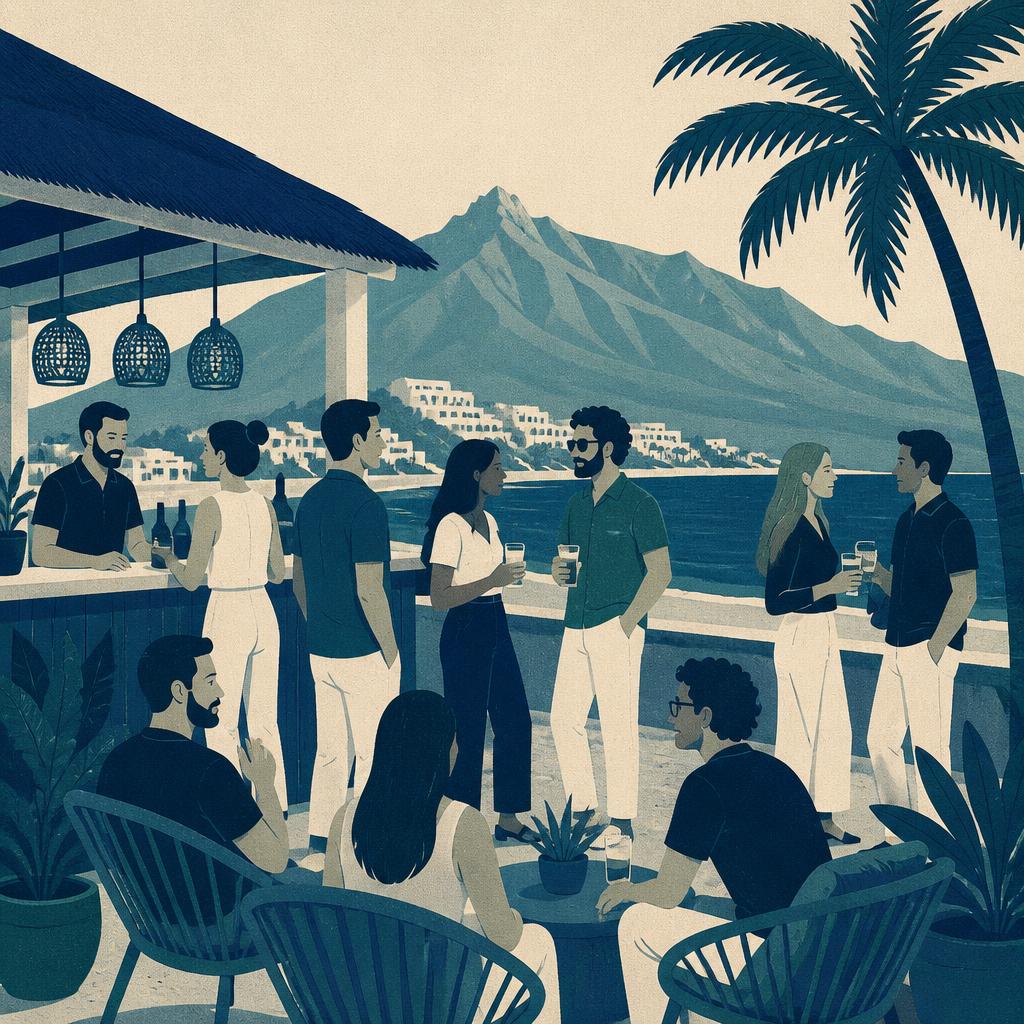 Illustration of community members networking at a beach bar in Marbella with La Concha mountain in the background