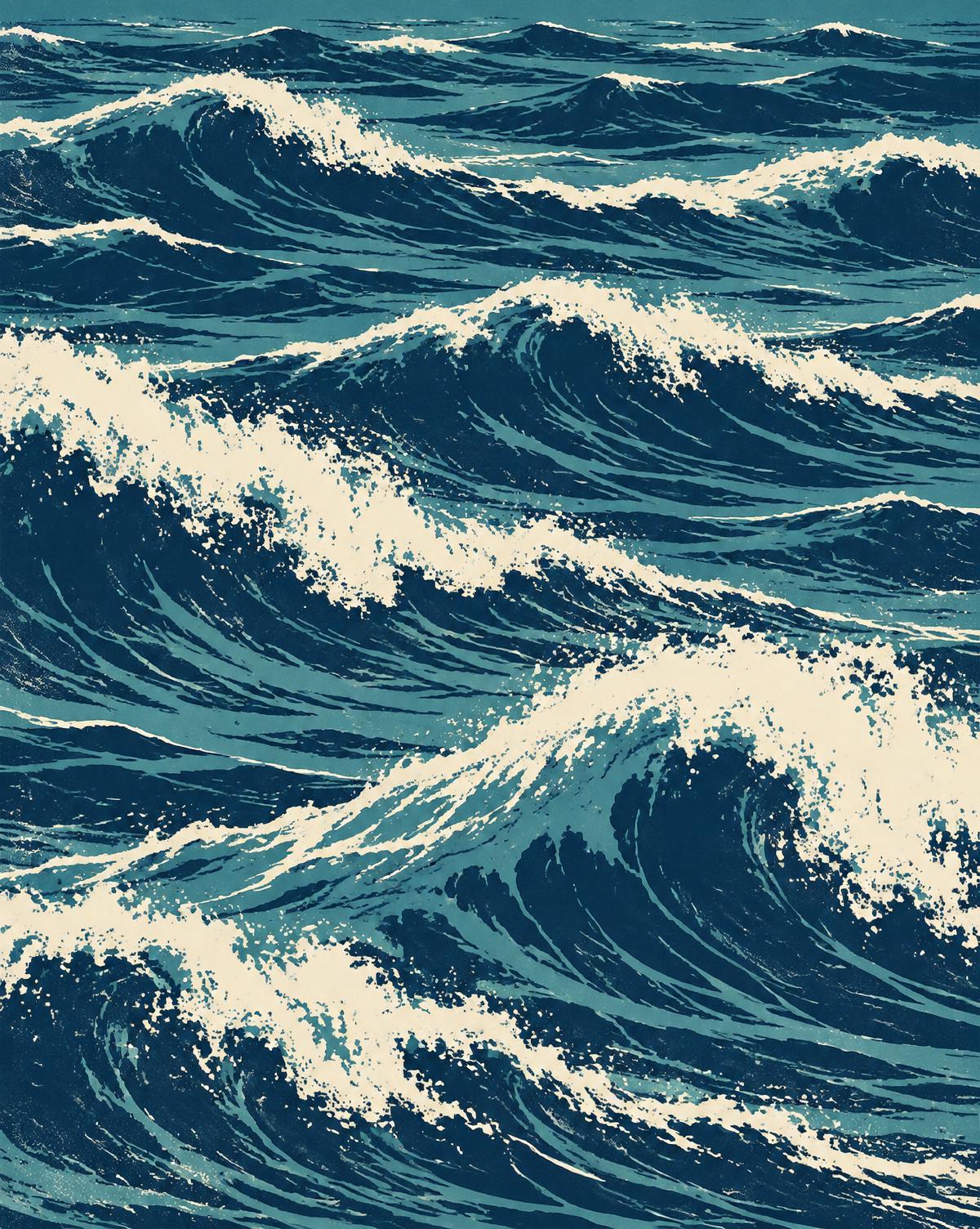 Graphic illustration of layered sea waves in the Tech Wave marine palette